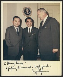 ["Information in title from back of photo. Signed on front: To Danny Inouye - A fighting American and a loyal friend. Lyndon Johnson. Stamp: Cecil W. Stoughton."]