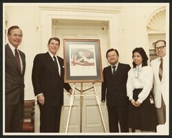 ["Written on post-it: 25th anniversary of HI statehood @ WH #1 VP Bush, Pres. Reagan, DKI, Jennifer Sabas, Pat DeLeon, #2 Pres. Reagan, DKI. Stamp: Official Photograph The White House Washington."]