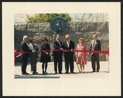 ["Caption: DKI with Pres. and Mrs. Clinton and Vice President Al Gore at FDR Memorial dedication May 2, 1997. Stamp: Official White House photograph."]