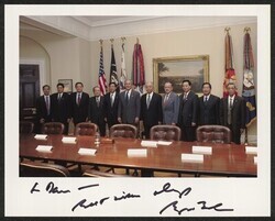 ["Signed on front: To Dan -- Best wishes always George Bush. Caption: DKI w/President Bush, Senator Stevens, & the People's Republic of China's delegation, U.S.-China Interparliamentary Conf. Washington, D.C., June 7, 2005. Photo from White House 6/7/05. St"]