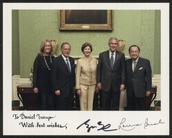 ["Signed on front: To Dan Inouye With best wishes, George Bush, Laura Bush. Caption: 5/23/07 White House dinner honoring Sen. Stevens (longest serving Rep. Senator). Stamp: Official White House photograph."]