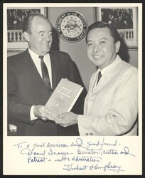 ["Signed on front: To a great American and good friend - Daniel Inouye - Senator, author and patriot - with admiration, Hubert Humphrey."]