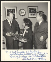 ["Signed on front: To a great senator and dear friend - an outstanding Senator and patriot - Danny Inouye - with admiration, Hubert Humphrey. Caption: Aileen Nakamura (from Maui - one of youth senators sponsored by Hearst Foundation)"]