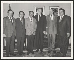 ["Caption: Jack [illegible], Press Assistant fr. ʻ63-? Sen. Inouye, Pinky Thompson, Vice President Hubert Humphrey, Henry Giugni."]