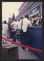 ["Caption: DKI at Joe Biden's presidential announcement at Wilmington. July 1987. Photo from Wm. Montgomery."]