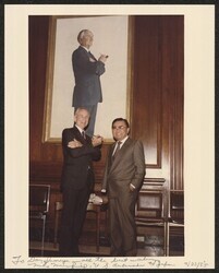 ["Signed on front: To Dan Inouye -- all the best - always, Mike Mansfield, U.S. Ambassador to Japan 7/23/85. Caption: 7/23/95 DKI & Amb. Mike Mansfield in front of Mansfield portrait - autographed by Mansfield."]