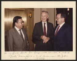 ["Signed on front: To my friend Senator Dan Inouye, with admiration and respect, Mike Mansfield, U.S. Ambassador to Japan 7/23/85. Information in title from back of photo."]