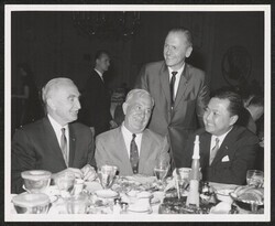 ["Caption: May 6, 1963; International Inn; Washington D.C. (L to R). Senator Wayne Morse (Oregon), Joseph Keenan, International Brotherhood, Electrical Works, Senator Frank E. Moss (Utah), Senator Daniel K. Inouye (Hawaii)."]