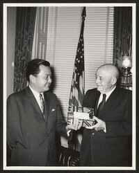 ["Caption: Speaker of the House Rayburn w/DKI newly elected in House of Rep. Official."]