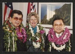 ["Information in title from attachment. DKI at Henry's reception, January 1987. Photo from Jeff Watanabe, Honolulu."]