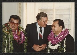 ["Information in title from attachment. DKI at Henry's reception, January 1987. Photo from Jeff Watanabe, Honolulu."]