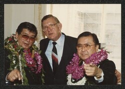 ["Information in title from attachment. DKI at Henry's reception, January 1987. Photo from Jeff Watanabe, Honolulu."]