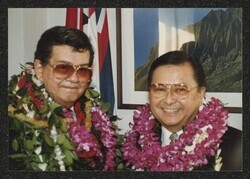 ["Information in title from attachment. DKI at Henry's reception, January 1987. Photo from Jeff Watanabe, Honolulu."]