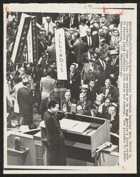 ["Caption: Democratic convention keynoter Sen. Daniel K. Inouye (Hawaii) waves, 8/26, from rostrum as he begs America's young people to abandon their flirtation with chaos and anarchy, 'the preludes to totalitarianism.' Stamp: Property of Advertiser."]