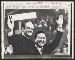 ["Caption: Vice President Hubert Humphrey embraces Sen. Daniel Inouye moments before the convention was gaveled to a close. Stamp: Property of Advertiser."]
