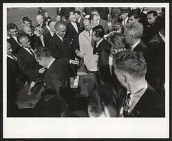 ["On post-it: DKI w/LBJ 10/4/65. Photo includes Mayor John Lindsay, Speaker of the House John McCormack, Senate Majority Leader Mike Mansfield, VP Hubert Humphrey, Senator Robert Kennedy."]