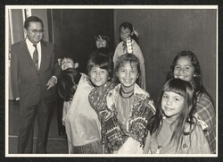 ["Caption: Puyallup International Trade Conference October 1987 Chief Leschi School, Puyallup Tribe of Indians. Stamps: N.E.W.S. Photo N.W., George H. Ortez."]