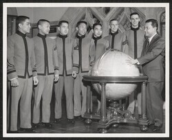 ["Caption: Visit of Senator Inouye (Hawaii) to USMA L to R Cdts Miyashiro, Togashi, Matsumoto, Arkangel, Kobayashi, Gray Fergusson and Sen. Inouye. Stamp: Signal division file West point New York 25 Jan 1964 Photo by Sp-4 Betush."]