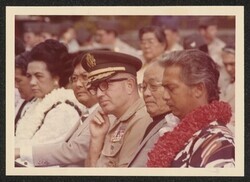 ["Caption: USAR Center dedicated to Hawaiian war hero: Seated in a place of honor during the dedication and memorialization ceremony of the MSG Earl Kalani U.S. Army Reserve Center at Ft. DeRussy, Oahu, are left to right: Mrs. Josephine Jakahi, Senator Dani"]