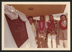 ["Caption: USAR Center dedicated to Hawaiian war hero: The MSG Earl Kalani Memorial Plaque is unveiled during dedication and memorialization ceremony of the MSG Earl Kalani U.S. Army Reserve Center at Ft. DeRussy, Oahu. Looking on are left to right: Mrs. Jo"]