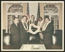 ["Caption: l-r Sen. Inouye, Mike Masato, Rev. Lawrence S. Jones, Charles Campbell, Rev. Abraham Akaka. Stamp: Robert L. Knudsen, the White House."]