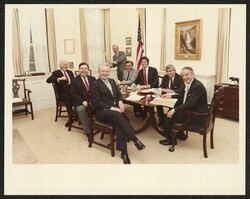 ["Caption: Lunch/caucus at White House w/Ronald Reagan re: Nicaragua Contra aid. Stamp: Official photograph the White House Washington."]