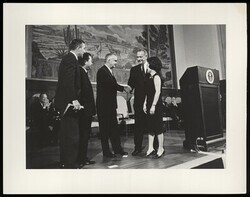 ["Caption: Senator Daniel Inouye, William [illegible], Pres. Lyndon Johnson, Rep. Patsy Mink."]