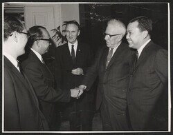 ["Caption: Deputy Prime Minister of the Federation of Malaya, Minister of Defense and Minister of Rural Development Tun Abdul Razak was honor guest at a tea given by the Committee on Foreign Relations of the United States Senate. Pictured in the group are A"]