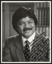 ["Signed on front: To Senator Dan Inouye, a great statesman and leader, with my warmest aloha and heartfelt appreciation for his leadership in opening the doors of opportunity for me and my generation. Benjamin J. Cayetano Lt. Governor. 10-5-88. Stamp: Rich"]