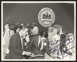 ["Signed on front: To Sen. Dan Inouye - the star of the show!, Paul Simon 8-1-84. Caption: May 1984 Southern Illinois University, Carbondale, Illinois (for Rep. Paul Simon campaign for U.S. Senate)."]