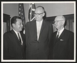 ["Caption: Washington - Dr. Fred Harrington, newly appointed president of the University of Hawaii, called upon Congressman Daniel K. Inouye and Senator Oren E. Long here earlier this week to discuss the future of the University."]