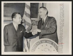 ["Caption: Vice President Lyndon Johnson (left) congratulates Sen. Daniel K. Inouye (D-Hawaii) after the latter was sworn in 1/9. The actual swearing-in ceremony took place in the Senate chamber where no pictures were allowed."]