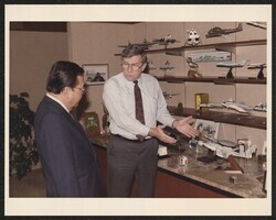 ["Caption: Visit with Grumman Corp. on Long Island. Photo from Adm. G. Kinnear, 3/11/88."]