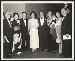 ["Caption: Official 1153. Lions Intl event (1965). Senator and Maggie, M/M Val Marciel, Helene and Spark Matsunaga."]