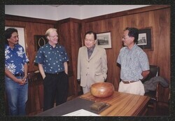 ["Caption: DKI with Robbie Alm and the Boys and Girls Club of Hawaii, Honolulu, HI, January, 2000. Photo from David Nakada 3/29/00. Mike Kahikina, Robbie Alm, Senator, David Nakada (Boys and Girls Club) @ Honolulu office."]