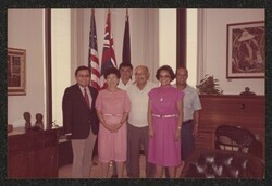 ["Caption: Jean Takase, Joseph Mattos, Masayoshi (Pchin) Onodera, Wendy Takehara, George Tengan. Dept. of Water Supply County of Hawaii. June 24, 1985."]