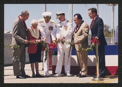 ["Caption: Rear Admiral Stephen S. Clarey, US Navy Retired, Mrs. Bernard Clarey, Rear Admiral William G. Sutton, Rear Admiral Peter W. Marshall, Daniel K. Inouye United States Senator, Mr. William H. Wilson."]