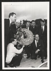["Caption: DKI at 20th Anniversary ceremonies of the USS ARIZONA, Pearl Harbor, HI, December, 1961. Photo from U.S. Rep. Kay Small, 1/11/62. Stamp: RELEASED OFFICIAL NAVY PHOTOGRAPH."]