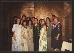 ["Caption: Senator Daniel K. Inouye with members of the Hawaiʻi chapter of Western Association of Educational Opportunity Personnel (WESTOP), March, 1987. Photo from Patricia Lilley, 10/25/89."]