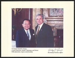 ["Written on front: To Senator Daniel K. Inouye, A great American, Senator, Statesman, and Patriot. With admiration, respect, and friendship, Anthony J. Principi, Secretary of Veterans Affairs."]