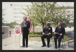 ["Caption: DKI at ceremony for National Japanese American Memorial, Washington, D.C. Photo from Paul Bannai 07/18/01."]