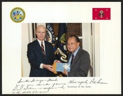 ["Signed on front: Senator Inouye - Thank you for your decades of service to our Nation - in uniform and in the Halls of Congress. Warm regards, Pete Geren."]