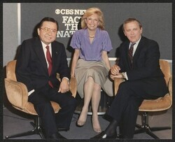 ["Caption: DKI with Lesley Stahl, CBS NEWS, on FACE THE NATION and with Sen. Rudman. July, 1987. Photo from Lesley. Stamp: Reni Newsphotos, Inc."]