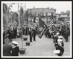["Caption: Launching ceremony. Honors to the Honorable Daniel Ken Inouye, U.S. Senator from Hawaii. Mare Island Naval Shipyard. 16 January 1965. U.S. Navy Official Photograph."]