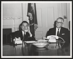["Caption: Left - Senator Inouye of Hawaii, Right - Mr. McNeely. Cable - Submarine Japan-Hawaii. Opening ceremonies of the Transpacific Cable, Washington. 6/18/64. Stamp: American Telephone and Telegraph Company."]
