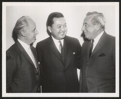 ["Caption: 14th Annual COPE Banquet - 2/16/63. Left to Right: Edward F. Toohey, Executive Director-COPE, Senator Daniel K. Inouye, Congressman William J. Green, Jr."]