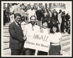 ["Information in title from back of photo: On East Steps of the U.S. Capitol. Sierra Club recognizes Members of Congress who have supported Clean Air Act. (1-r) Congressman Dan Akaka; Carl Zichella; Sierra Club national staff; Congresswoman Pat Saiki; Charl"]