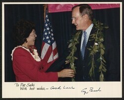 ["Caption: To Pat Saiki, with best wishes- good luck. Signed by George H.W. Bush."]