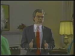 ["In the 1988 campaign ad, Democratic candidate Robert Nelson Clement passionately advocates for elder issues, focusing on safeguarding Social Security and enhancing Medicare. Speaking to varied audiences, he promises to protect these crucial services, emphasizing his commitment with confident rhetoric and supportive banners throughout the visually engaging ad."]