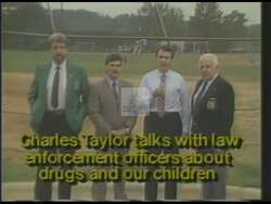 ["In this political advertisement, Charles Taylor addresses the pervasive drug problem across the United States, linking 75 to 85 percent of break-ins to drug-related issues. He pledges to collaborate with law enforcement to combat drug abuse and protect children if elected as congressman."]